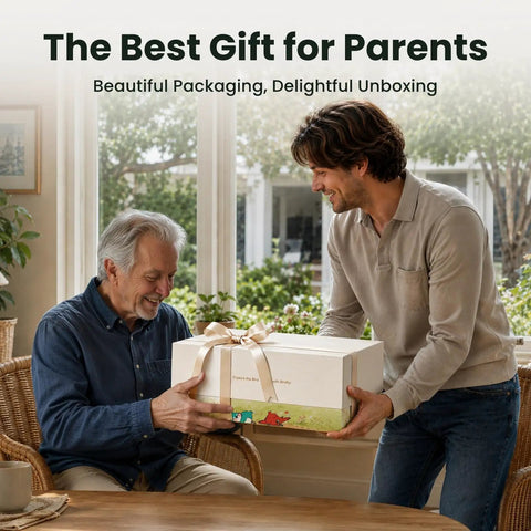 Two people exchanging a gift box in a bright and airy room with large windows and greenery.