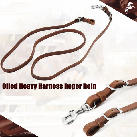 Heavy Harness Leather Western Roper Rein for horses with barrel reins, round trail rein, and stainless steel hardware.