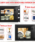 1.3 Cu Ft Fireproof And Waterproof Safe Box With Digital Security And Combination Lock Alarm System Removable Shelf Anti Theft Design Ideal For Money Jewelry And Important Documents Compact Home Safe open with shelf showing cash, jewelry, documents, and passport.