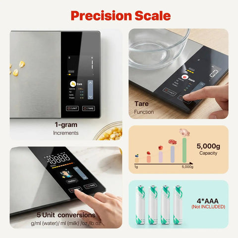 Smart Food Scale With Nutritional Calculator And App Sync showing precision scale, tare function, and unit conversions on display