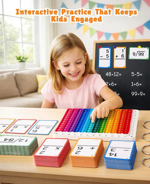 Child using Math Flash Cards Set for Kids 4-8, 288 Double-Sided Cards with Chart and Storage Ring, colorful board on table