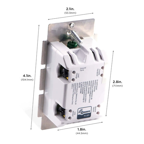 Z Wave Plus Smart Motion Light Dimmer with Alexa and Google Assistant, rear view with dimensions, for 3 way setup