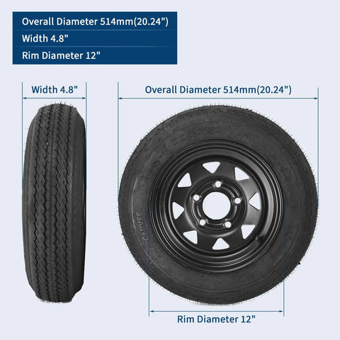 2 Pack Trailer Tire On Rim 4.80-12 480-12 4.80x12 Tires With 5 Lug On 4.5 In PCD And 12 In Wheels Black 6PR side and front view