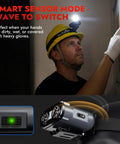 Person wearing Rechargeable 800 Lumen LED Headlamp With COB Panel Motion Sensor Five Modes Clip On Cap Light on helmet