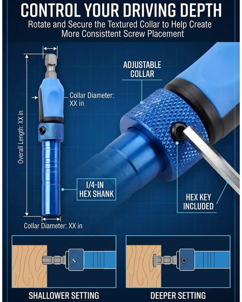 Three In One Magnetic Socket Bit Set With Adjustable Quarter Inch Hex Holder Magnetic Screwdriver Attachment And Extension Adapter For Quick Install And Stable Screw Alignment, blue 1/4-in hex shank with adjustable collar