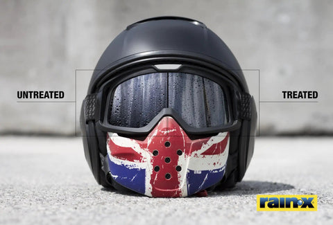 Motorcycle helmet visor with untreated and treated areas using Plastic Water Beading Spray Delivers Clear Visibility On Motorcycle Windscreens Goggles Visors And Boat Windshields With Easy Application And Durable Coating For Plastic Surfaces.