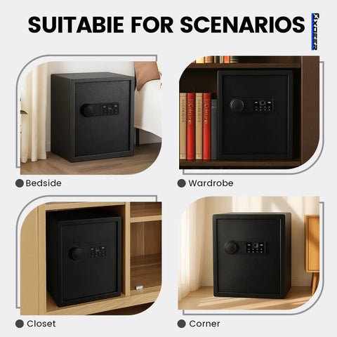 1.69 Cubic Feet Personal Safe With App Access 0.1 Second Biometric Fingerprint 30 Fingerprint Storage shown in various room settings