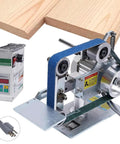 Built Like A Tank Industrial Grade Electric Belt Sander Featuring One By Thirty Inch Abrasive Belt with control panel and wooden boards.