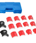 Universal Motorcycle Fork Seal Driver Kit 14 Pcs Set with red and black adapters and blue carrying case, 35/36 to 49/50 mm sizes