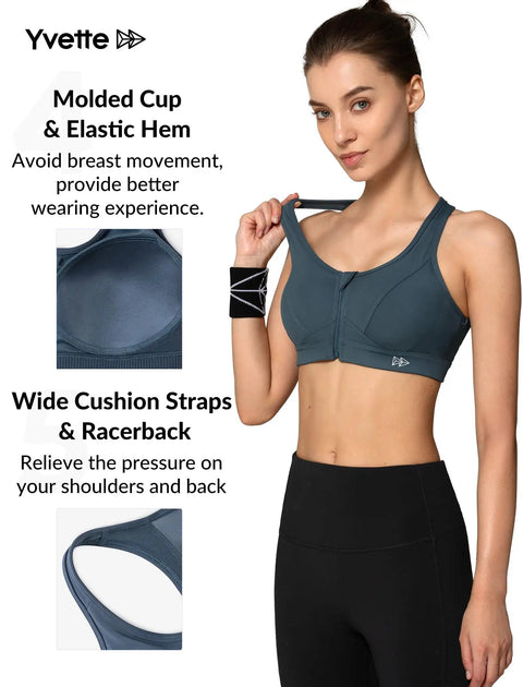 Woman wearing Zip Front High Impact Sports Bra For Gals Plus Size XL Haze Blue Zero Bounce Lockdown Wireless Full Coverage