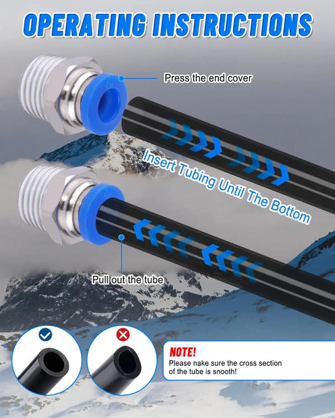 Operating instructions for Premium 5/32 Inch Air Line Tubing Kit showing steps for tubing and fittings setup.