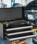 Tough As Nails Steel Tool Box With Three Smooth Rolling Drawers Secure Locking System Powder Coated Finish EVA Padded Trays, open view with tools.