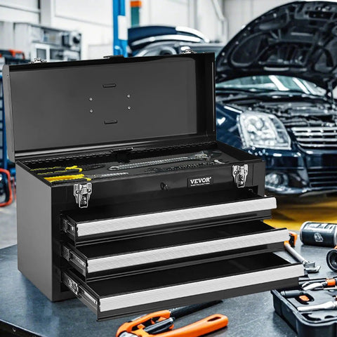 Tough As Nails Steel Tool Box With Three Smooth Rolling Drawers Secure Locking System Powder Coated Finish EVA Padded Trays, open view with tools.