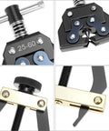 Universal Roller Chain Tools Kit With Carbon Steel Chain Breaker, Cutter, Holder And Puller For Bicycles, Motorcycles, And ATVs, Beefy Build, Fits 25 35 41 50 60 And More. Close-up of components for chain sizes 25-60.