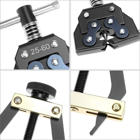 Universal Roller Chain Tools Kit With Carbon Steel Chain Breaker, Cutter, Holder And Puller For Bicycles, Motorcycles, And ATVs, Beefy Build, Fits 25 35 41 50 60 And More. Close-up of components for chain sizes 25-60.