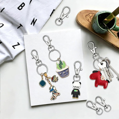 120 Piece Zinc Alloy Swivel Snap Hooks With Rugged Key Rings For Jewelry Crafting And Gear Building Hella Durable Top Shelf Metal Hardware Clasps Straight Up Built To Last, displayed with accessories.