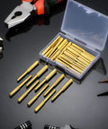Pro Grade Titanium Diamond Chainsaw Sharpener Bits Kit 30 piece bulk set in open plastic box with gold grinding bits displayed