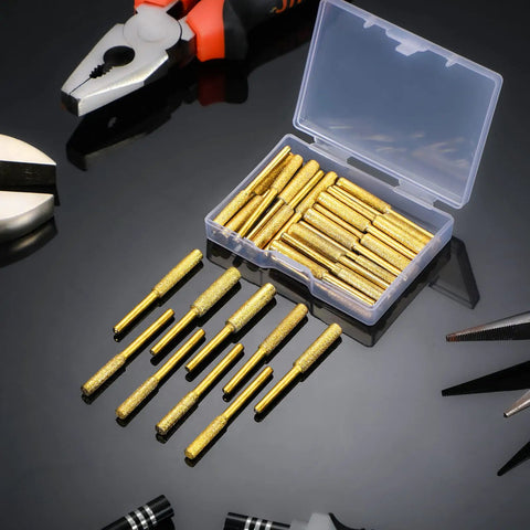 Pro Grade Titanium Diamond Chainsaw Sharpener Bits Kit 30 piece bulk set in open plastic box with gold grinding bits displayed