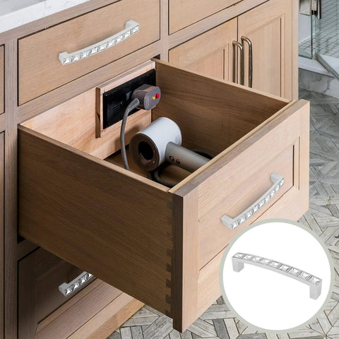 Crystal Drawer Pulls 10 Pack Modern Bridge Design Rhinestone Handles on kitchen cabinets, zinc alloy, silver finish, 96mm hole centers.