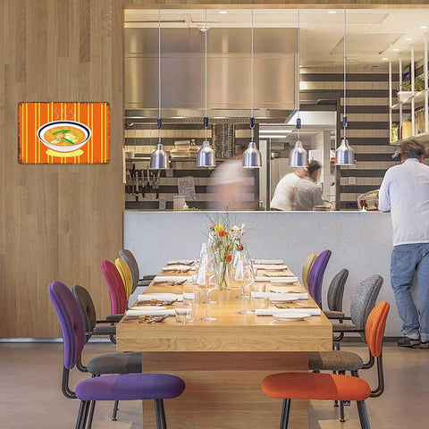 Restaurant interior with Dope Vintage Ramen Tin Sign Wall Art 8x12 Inch Metal Sign Poster on wall above dining table