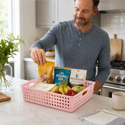 Man using pink tray from Six Pack Plastic Turn In Paper Trays Set For Classroom Storage And Office Organization In Pastel Colors