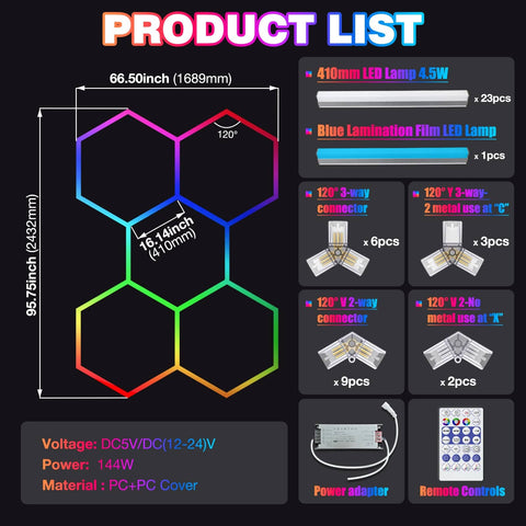 Lit Hexagon RGB LED Light Panels Kit With Music Sync App And Remote Control 5 Hex Panels product dimensions and components list