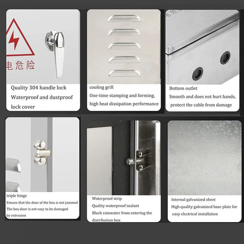 Waterproof Stainless Steel Junction Box Outdoor Electrical Enclosure With Hinged Lid And Mounting Plate For Secure Wiring, Wall Mounted Case Built Tough 800x600x200mm close-up of lock, vents, hinge and cable outlet