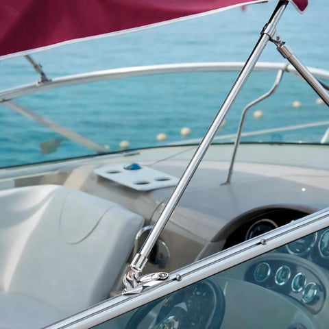 Beefy Deck Side Mounted Bimini Top Hardware Set With Quick Release Hinges And Eye End Caps In 316 Stainless Steel on yacht