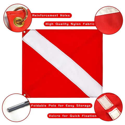 20 X 24 Inch Dive Flag With Removable Stiffening Pole, red and white, nylon fabric, reinforced holes, foldable pole, velcro fixation
