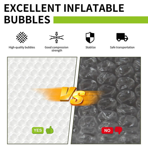 Comparison of bubble cushioning wrap quality, highlighting excellent inflatable bubbles versus lower quality, with icons and text.
