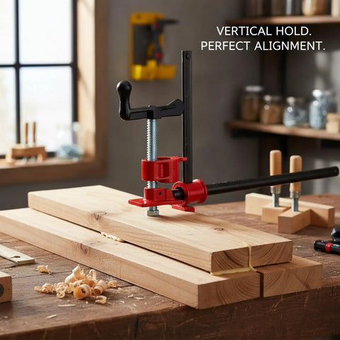Get This Vertical Woodworking Clamp For Bench To Crush Glue-Ups And Assembly Like A Boss With Stable Metal Vise holding wood pieces upright.