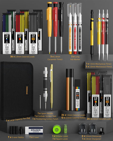 Heavy Duty Carpenter Pencil Kit With Replacement Leads And Mechanical Pencils For Woodworking And Diy Crafting Projects Hella Durable Legit Hands On Workshop Essential With Sharpener in a toolbox layout.