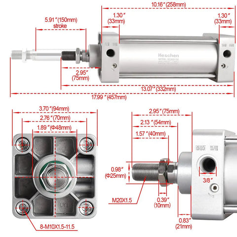 Tie Rod Pneumatic Air Cylinder 80mm Bore 150mm Stroke Double Acting With PT 3/8 Port, showing dimensions and components