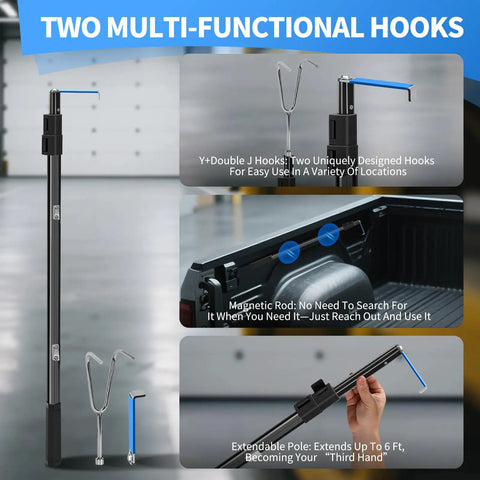 Magnetically Mounted Truck Cargo Grabber Reach Retriever Tool 6.9 Ft Telescoping Extendable Pole Heavy Duty Stainless Steel Bed Accessory With Two Hooks For Easy Pickup And Loading