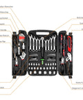 95 Piece Diy Tool Set With Portable Plastic Toolbox And Adjustable Wrench Pliers Socket Bits, open view with tools organized inside.