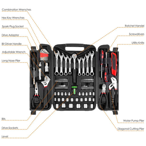 95 Piece Diy Tool Set With Portable Plastic Toolbox And Adjustable Wrench Pliers Socket Bits, open view with tools organized inside.