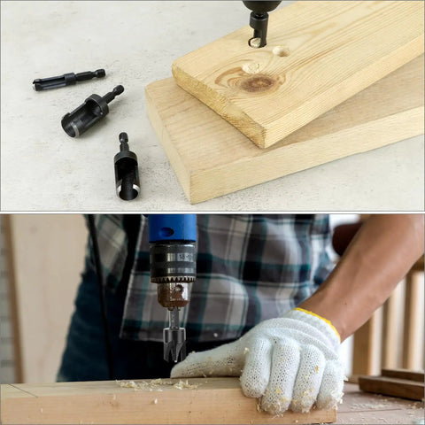 Eight Piece Wood Plug Cutter Drill Bit Set With One Quarter, Five Sixteenths, Three Eighths And One Half Inch Sizes And One Quarter Inch Hex Shank For Clean, Professional Plug Fittings In Woodworking in use and displayed on wood.