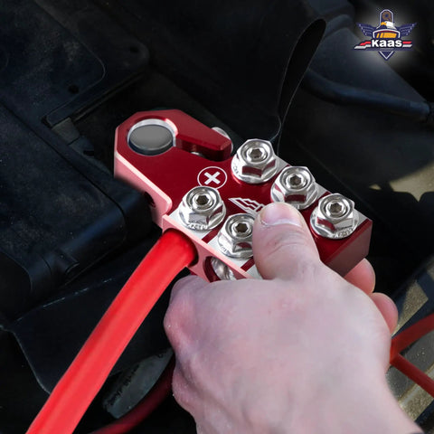 Installed red positive anode top from Colored Battery Terminal Clamps Set With Red Positive And Blue Negative Anode Tops, 12 Way Tapered Top Post, Compatible With SAE DIN EN, 8 AWG To 4/0 AWG, Anti Loosening Screw, Easy Tighten Head For Secure Connections.