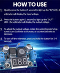LM2596 Adjustable DC DC Buck Converter With LED Voltmeter Display, instructions showing input-output voltage setup and adjustments.