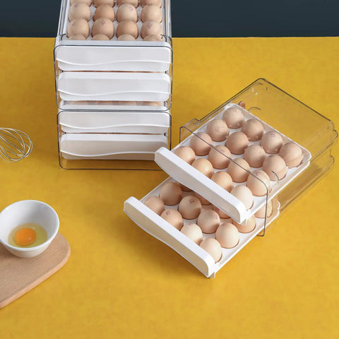 32 Capacity Egg Holder For Fridge With Time Scale Two Drawer Egg Storage Container Organizer Bin Keeps Eggs Fresh And Easy To See And Grab In Your Kitchen, clear plastic with eggs on yellow background
