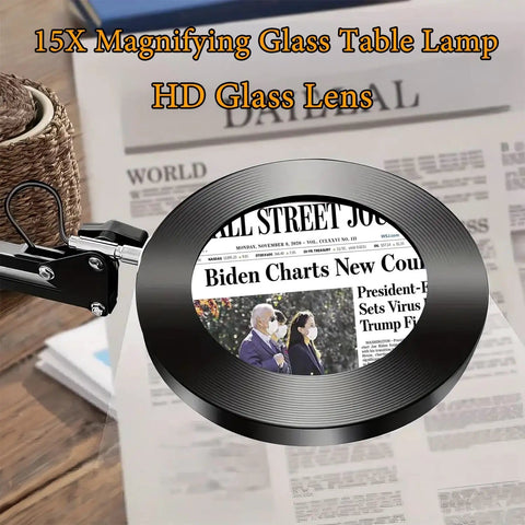 15X Lighted Magnifying Glass With Real Glass Lens over newspaper, clamp detail, three color modes, adjustable brightness, swing arm