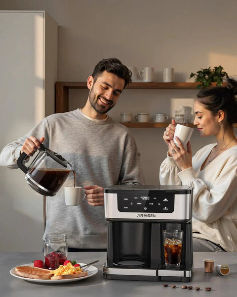Two people enjoying coffee with a 12 Cup Programmable Dual Coffee Maker With Single Serve And Multi Brew Modes For K Cup Pods.