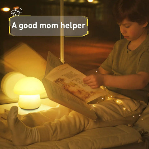 Rechargeable Mushroom Night Light with Tap and Remote Control next to child reading, warm glow, silicone, kid-friendly