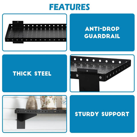 Heavy Duty Slatwall Shelf 24 Inch For Retail, Garage, And Home Storage, Slat Wall Hanging Shelf With Strong Support Frame, Black, 2 Pack With anti-drop guardrail, made of thick steel, features sturdy support for heavy load.