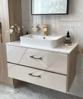 Modern bathroom vanity with 15 Pack Curved Oil Rubbed Bronze Cabinet Pulls, 3 Inch Hole Spacing, Approximately 4.75 Inches Total Length