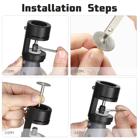 Installation steps for 120V TIG Tungsten Sharpener Grinder Pro Grade, showing assembly of grinding block and tools