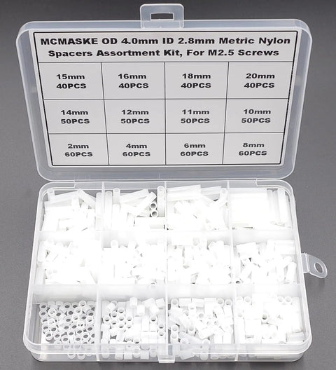 600 Pcs Nylon Spacers Set Unthreaded Round Standoffs 4mm OD 2.8mm ID White Wall Plate Spacers Kit For M2.5 Screws, Clearance Spacers, DIY Electronics, Nerdy Builder Friendly Variety Lengths. White nylon spacer kit in labeled storage box, assorted lengths