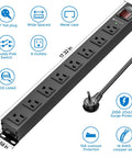 Heavy Duty 8 Outlet Metal Power Strip With 2100J Surge Protector, Wide Spaced Mountable Design, 6 Ft Cord, 15A, features labeled