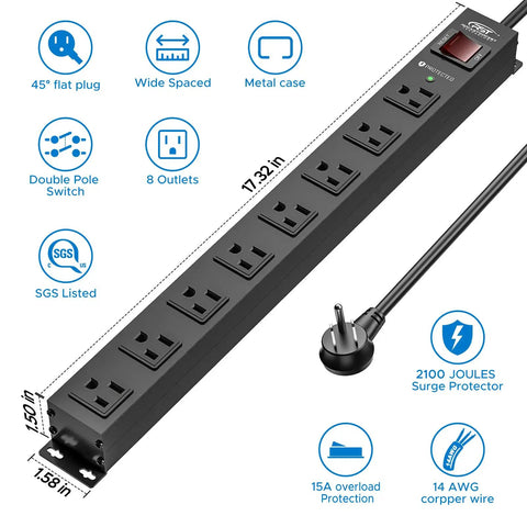 Heavy Duty 8 Outlet Metal Power Strip With 2100J Surge Protector, Wide Spaced Mountable Design, 6 Ft Cord, 15A, features labeled
