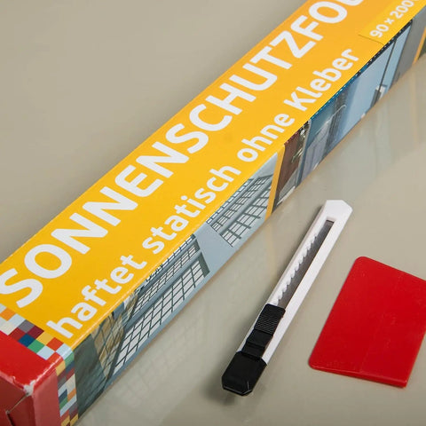 Packaging of Removable Static Cling Privacy And Decorative Glass Window Film For Home With UV Sun Protection No Glue, cutter included.